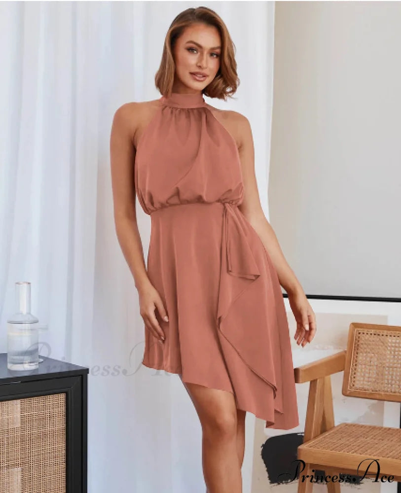Satin Strap Dress with Hanging Neck S / brick red