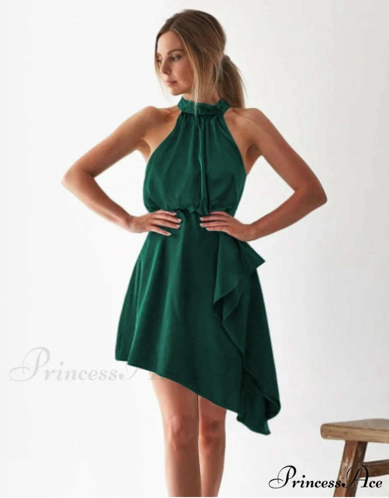 Satin Strap Dress with Hanging Neck S / dark green