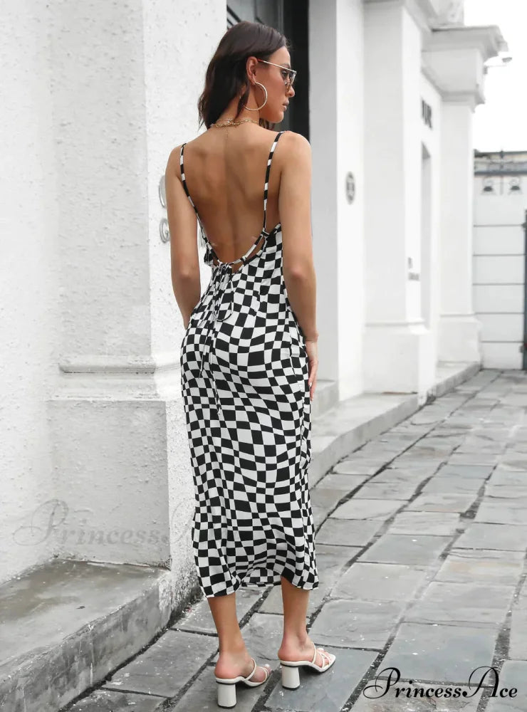 Satin Swing Side Split Backless Dress S / plaid