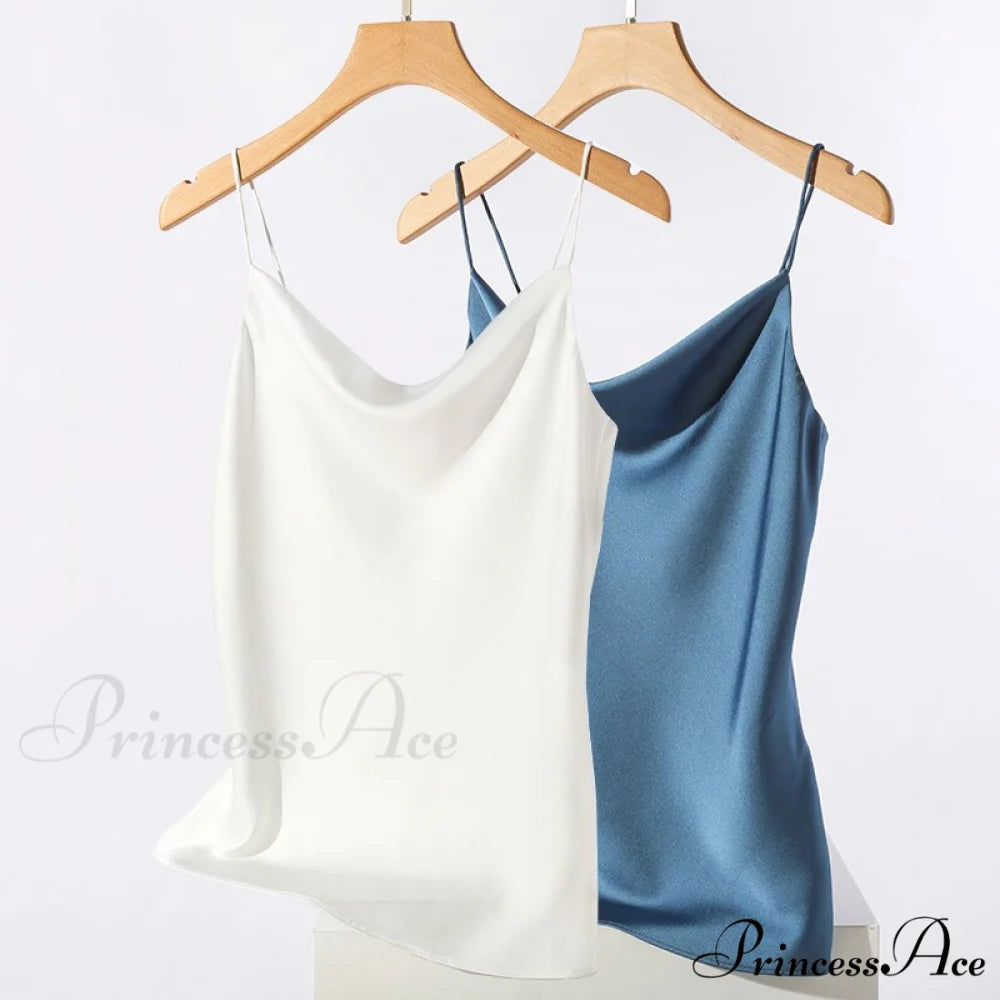 Satin Thin Wild Solid Camis White Blue 2 PCS / S