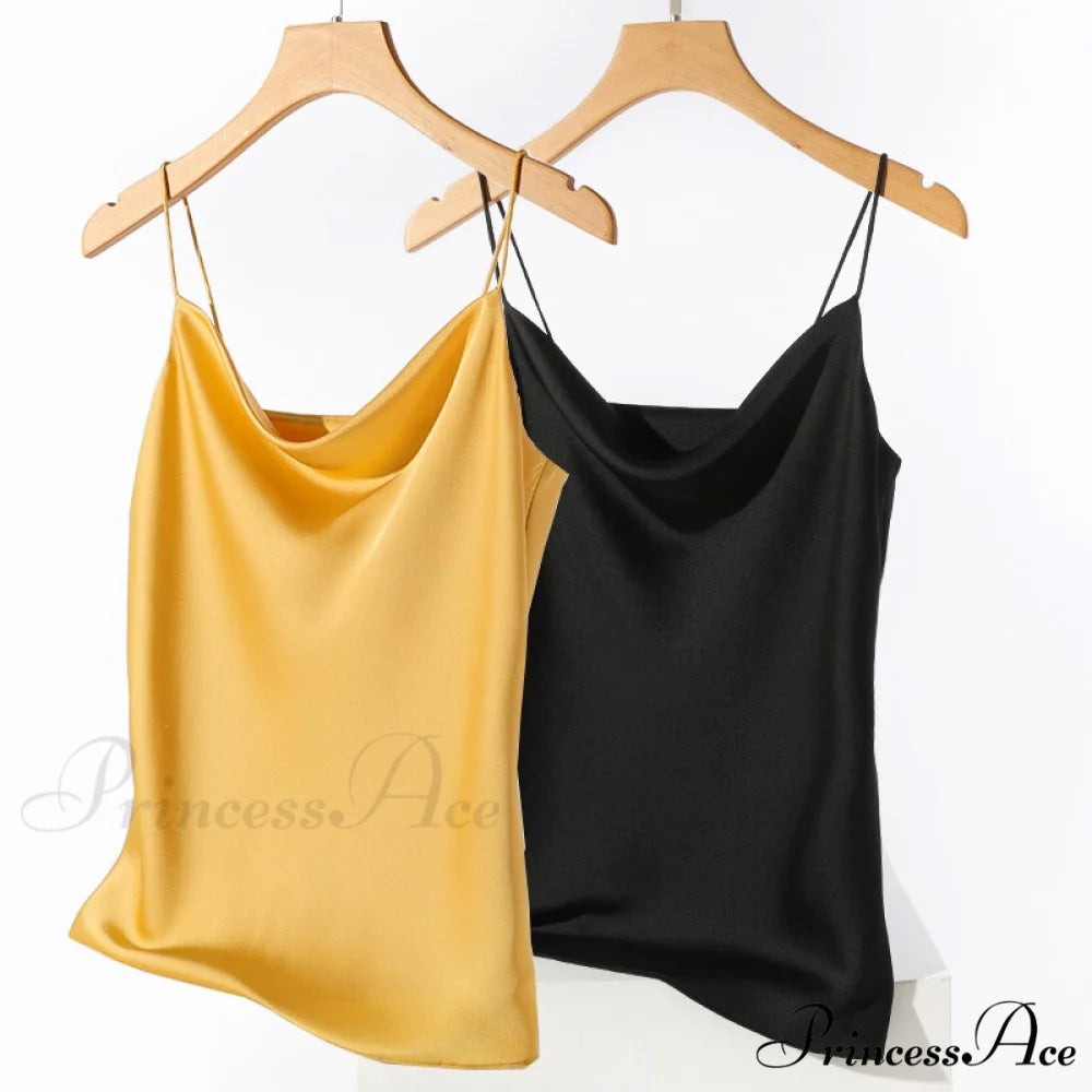 Satin Thin Wild Solid Camis Yellow Black 2 PCS / S