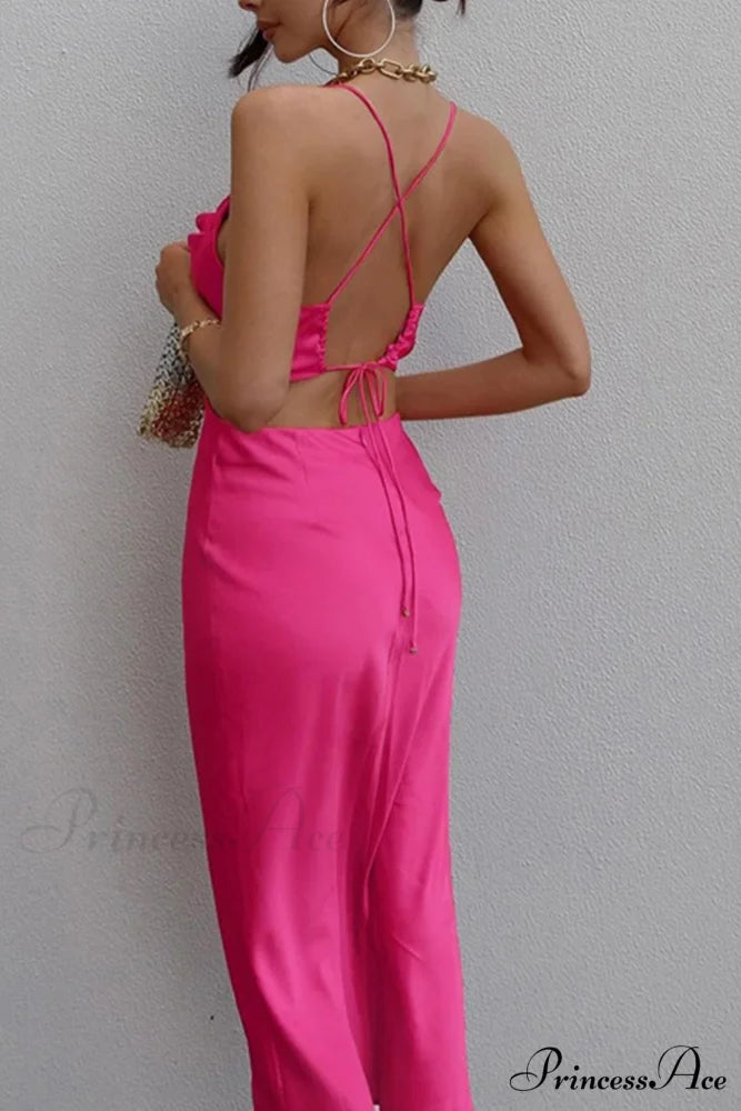 Satin Tie-back Criss-cross Cami Dress with Rose Pattern Rose / L