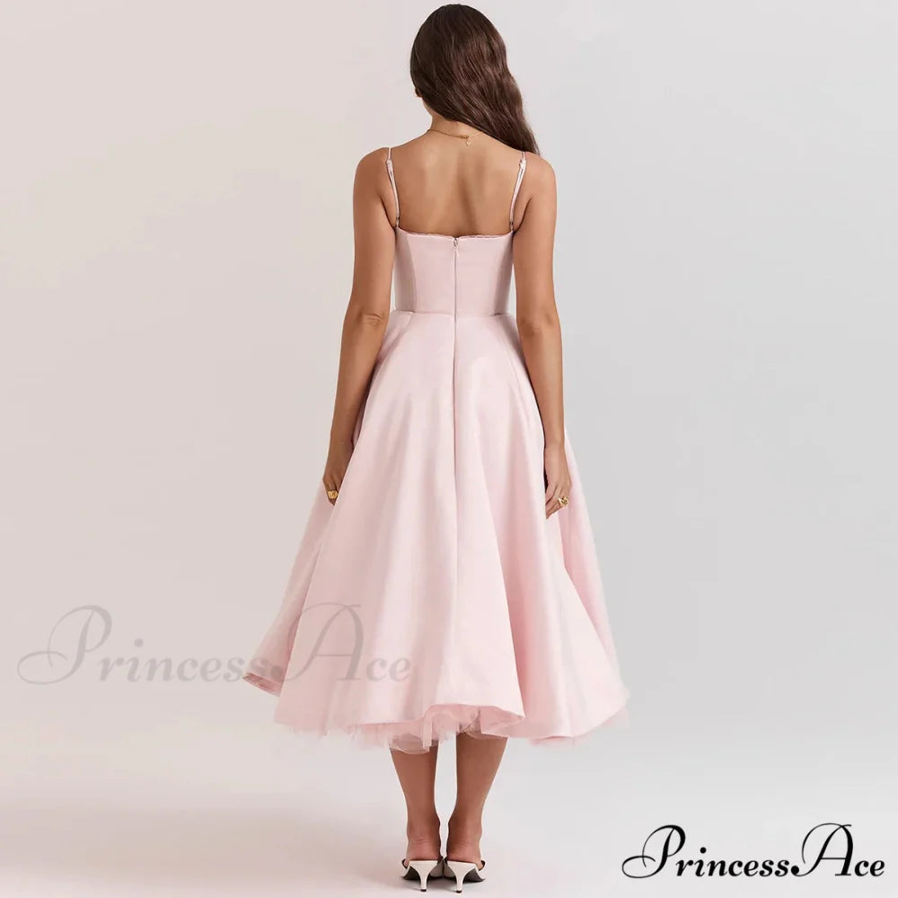 Satin Tulle Flare Charming Strap Cupped Midi Dress
