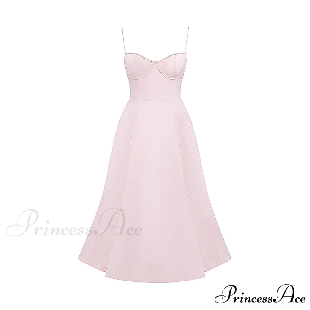 Satin Tulle Flare Charming Strap Cupped Midi Dress