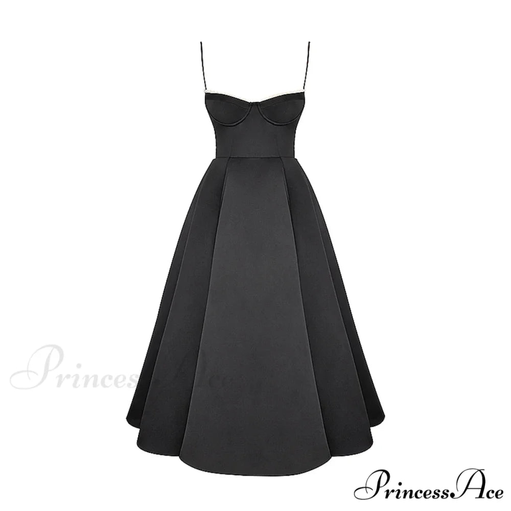 Satin Tulle Flare Charming Strap Cupped Midi Dress