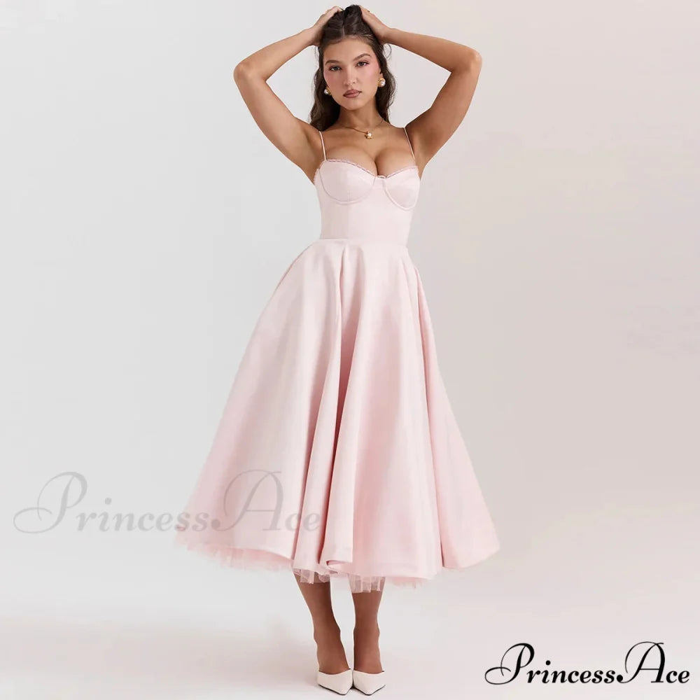 Satin Tulle Flare Charming Strap Cupped Midi Dress
