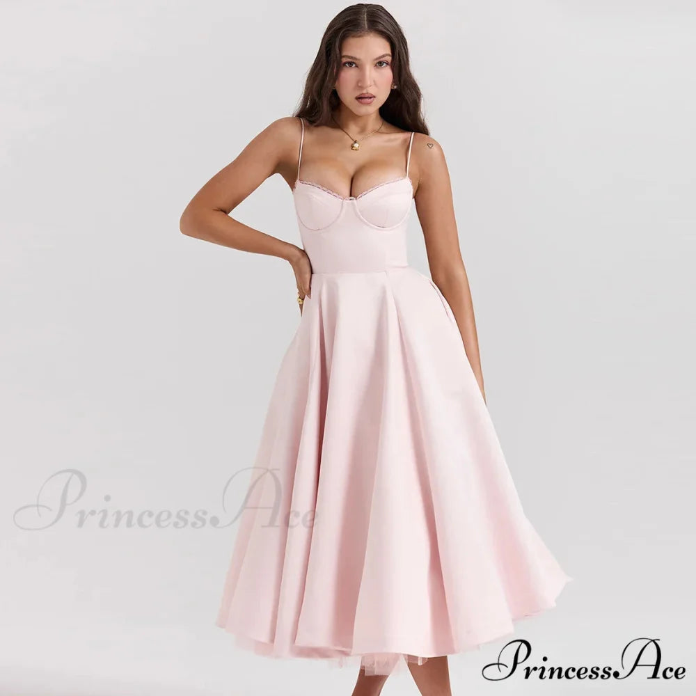 Satin Tulle Flare Charming Strap Cupped Midi Dress