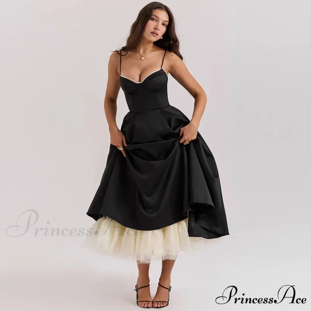 Satin Tulle Flare Charming Strap Cupped Midi Dress
