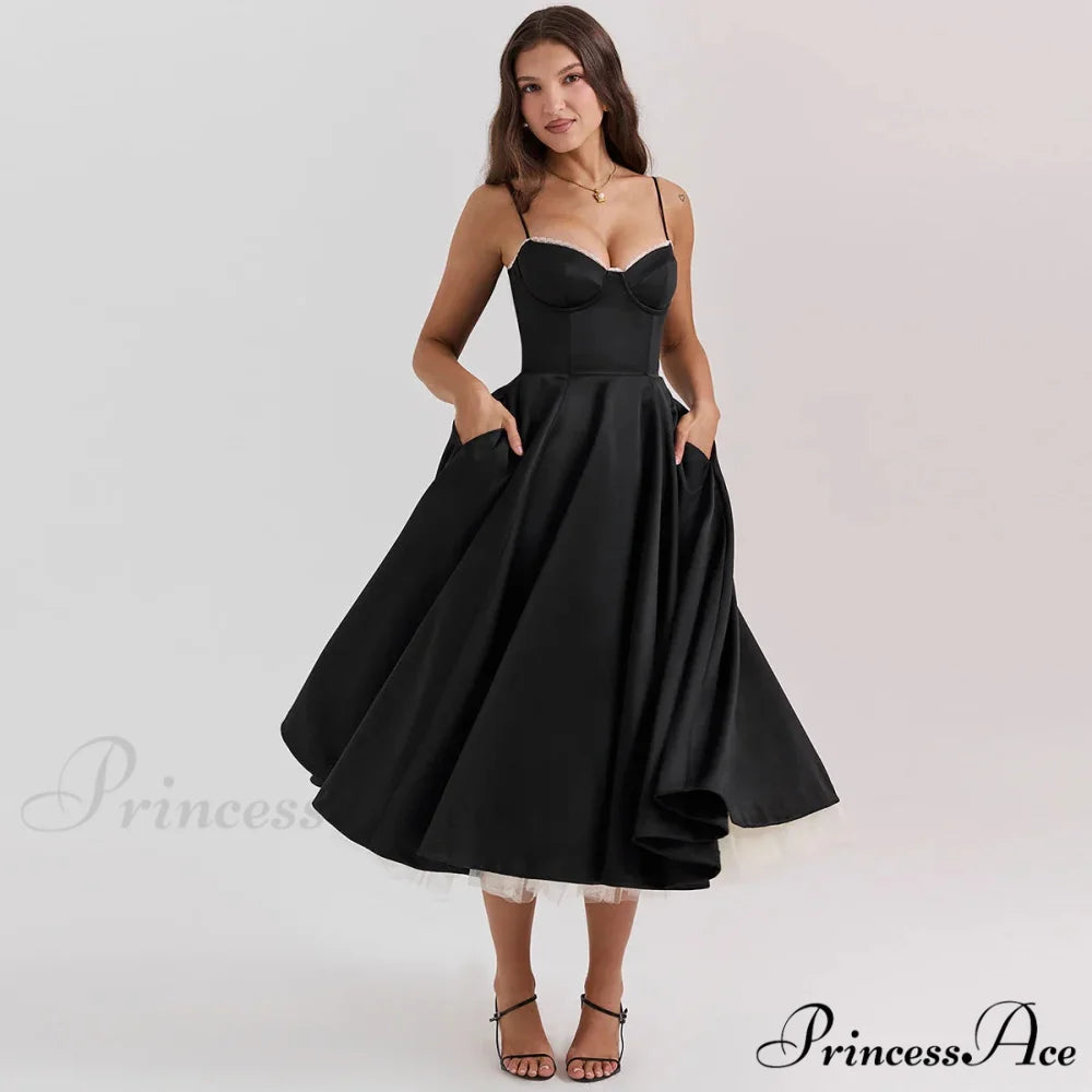 Satin Tulle Flare Charming Strap Cupped Midi Dress black / XS