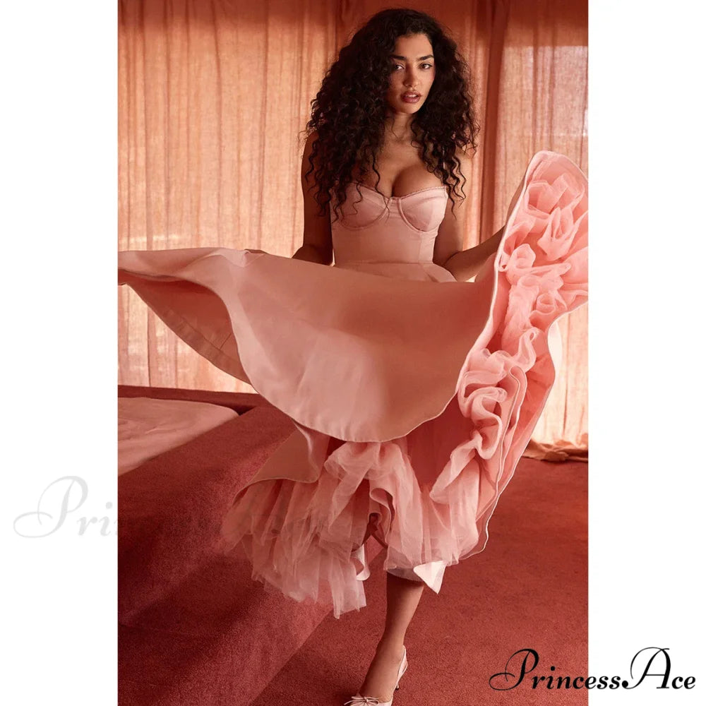 Satin Tulle Flare Charming Strap Cupped Midi Dress Pink / XS