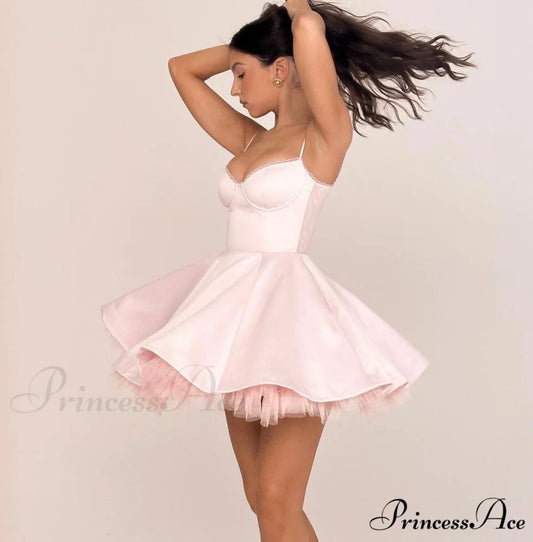 Satin Tulle Frill Charming Strap Mini Dress