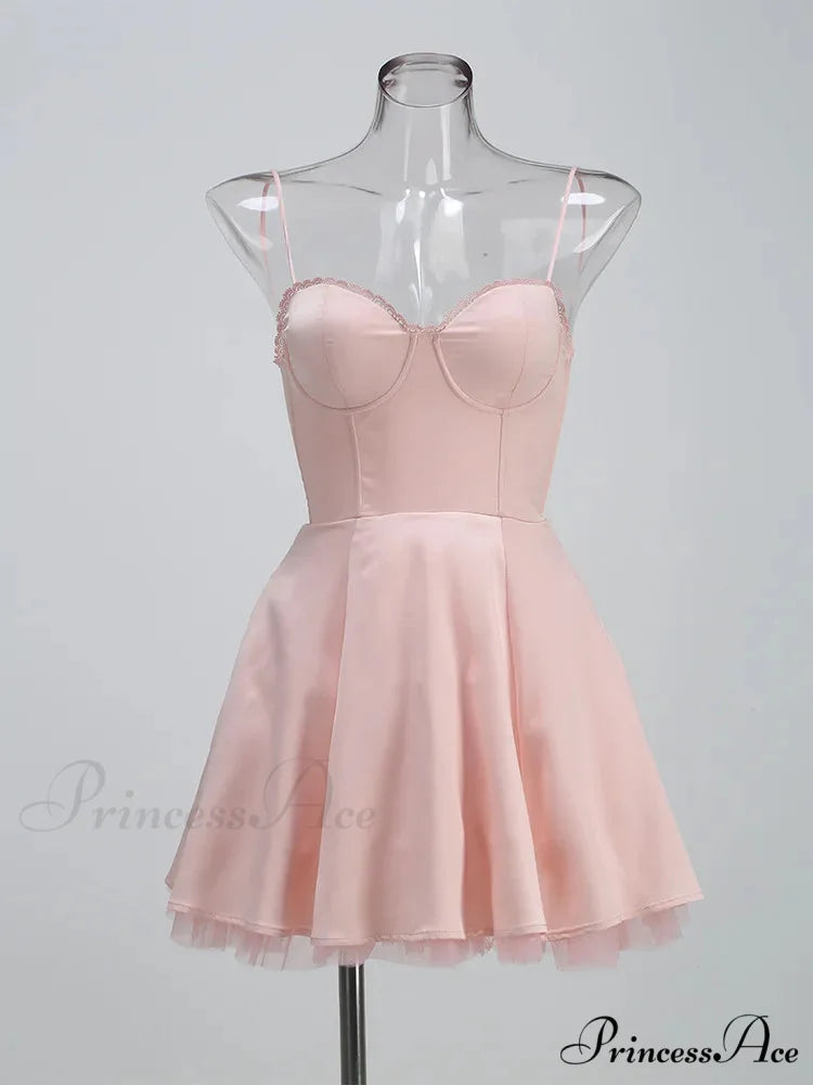 Satin Tulle Frill Charming Strap Mini Dress short pink / XS