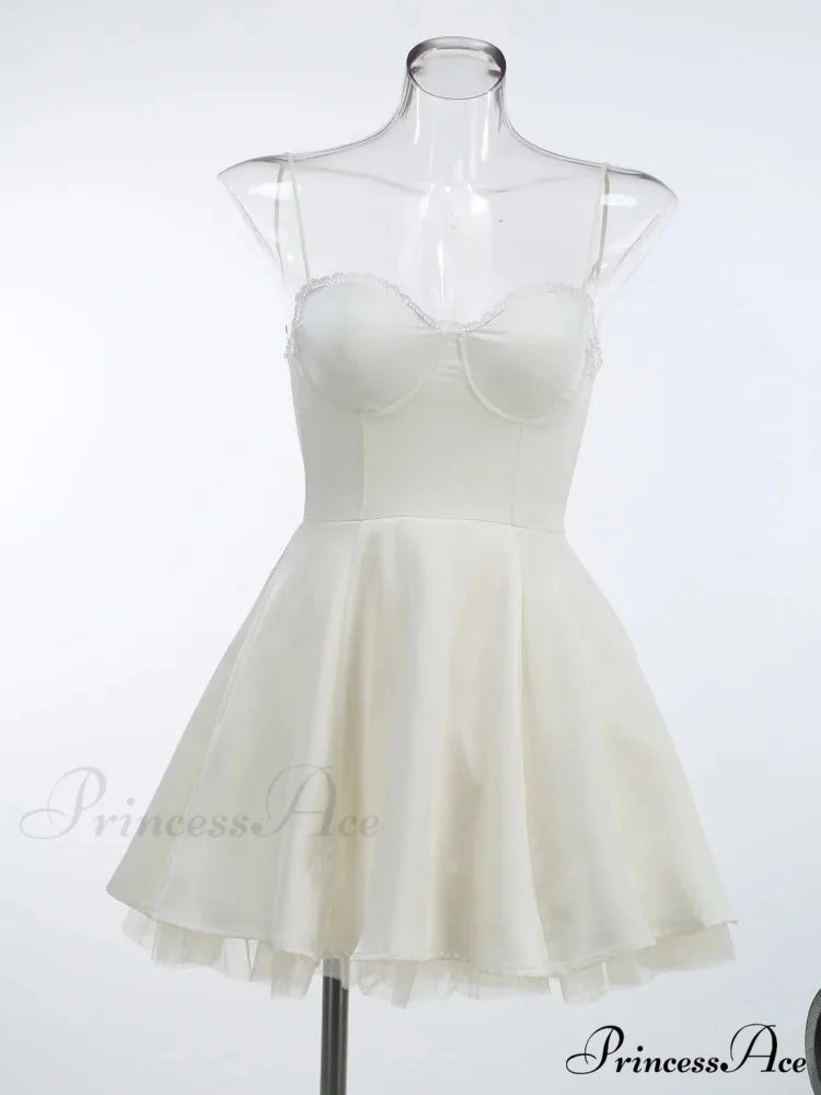 Satin Tulle Frill Charming Strap Mini Dress short white / XS