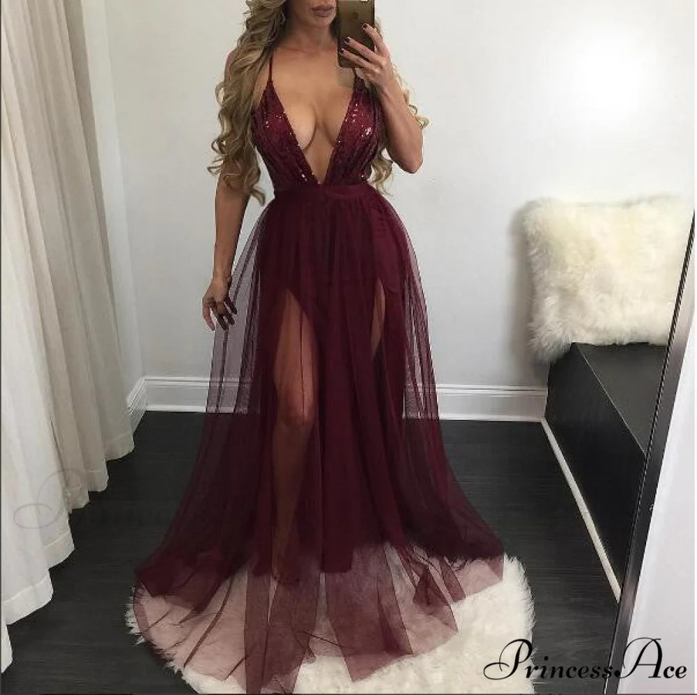 Saylor Formal Double Charming Slit Tulle Dress Claret / S