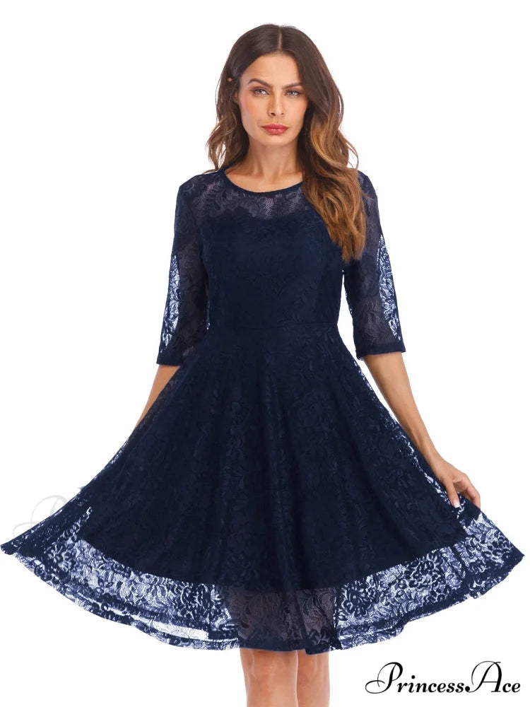 Scallop Trim Lace Overlay Dress in Black M / Blue
