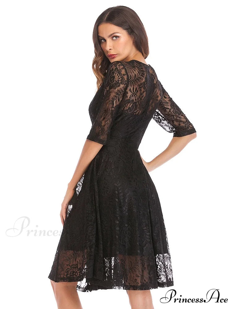Scallop Trim Lace Overlay Dress in Black S / Burgundy