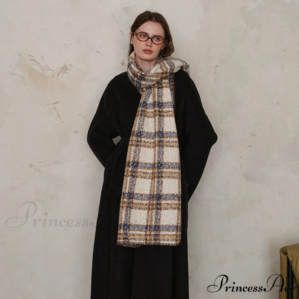 Scottish Woolen Plaid Scarf for Women - Autumn/Winter Shawl Blue camel beige / L190 W50cm