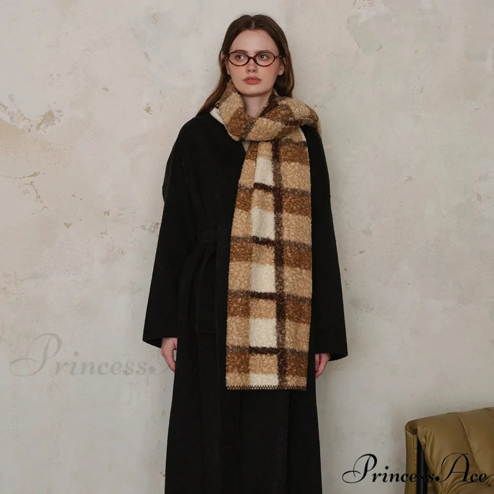 Scottish Woolen Plaid Scarf for Women - Autumn/Winter Shawl Coffee beige / L190 W50cm