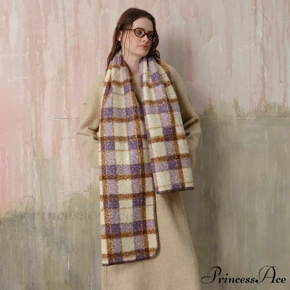 Scottish Woolen Plaid Scarf for Women - Autumn/Winter Shawl Purple golden Beige / L190 W50cm