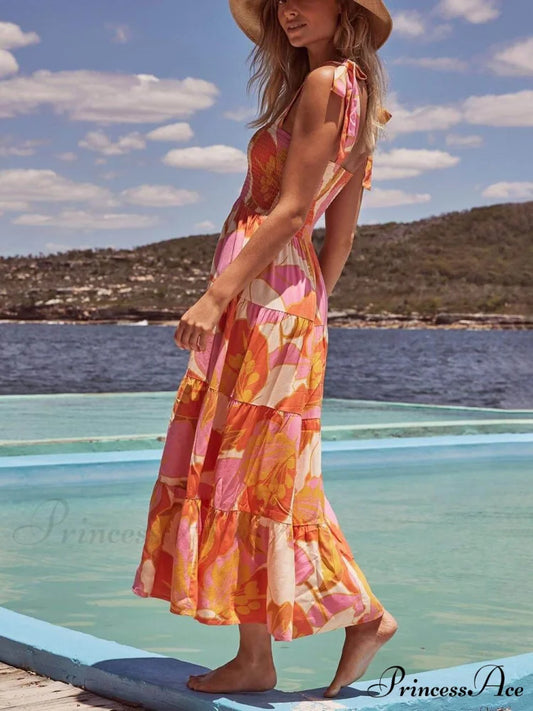 Sea Charm Sleeveless Pleated Graceful Stretch Chest Print Cami Dress