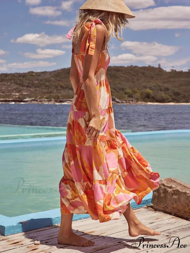 Sea Charm Sleeveless Pleated Graceful Stretch Chest Print Cami Dress