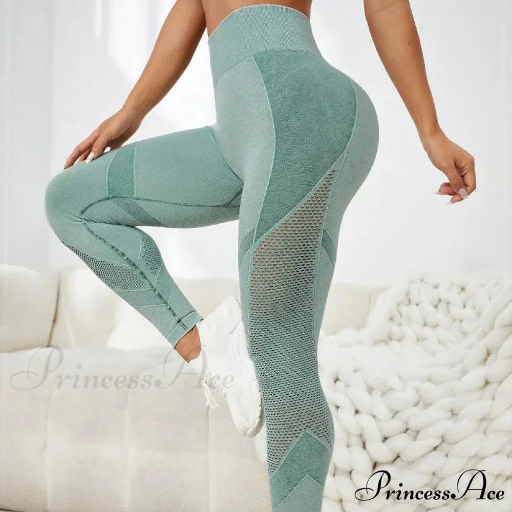 Seamless Fitness Hollow Out High Waist Yoga Legging Green / S