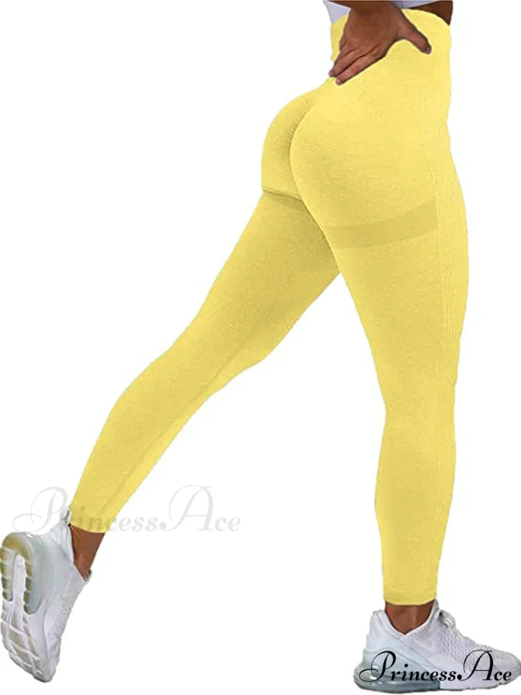 Seamless High Waist Push Up Sexy Gym Black Sports Leggings Yellow / S