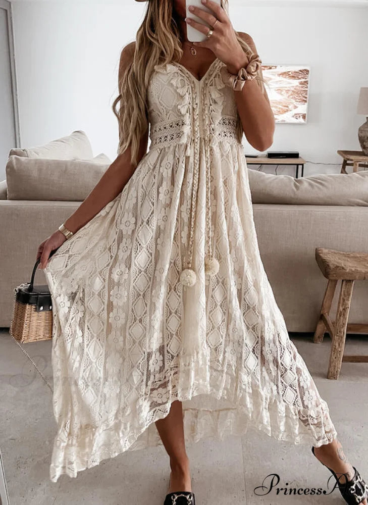 Seaside Breeze Embroidered Maxi Dress M / Beige