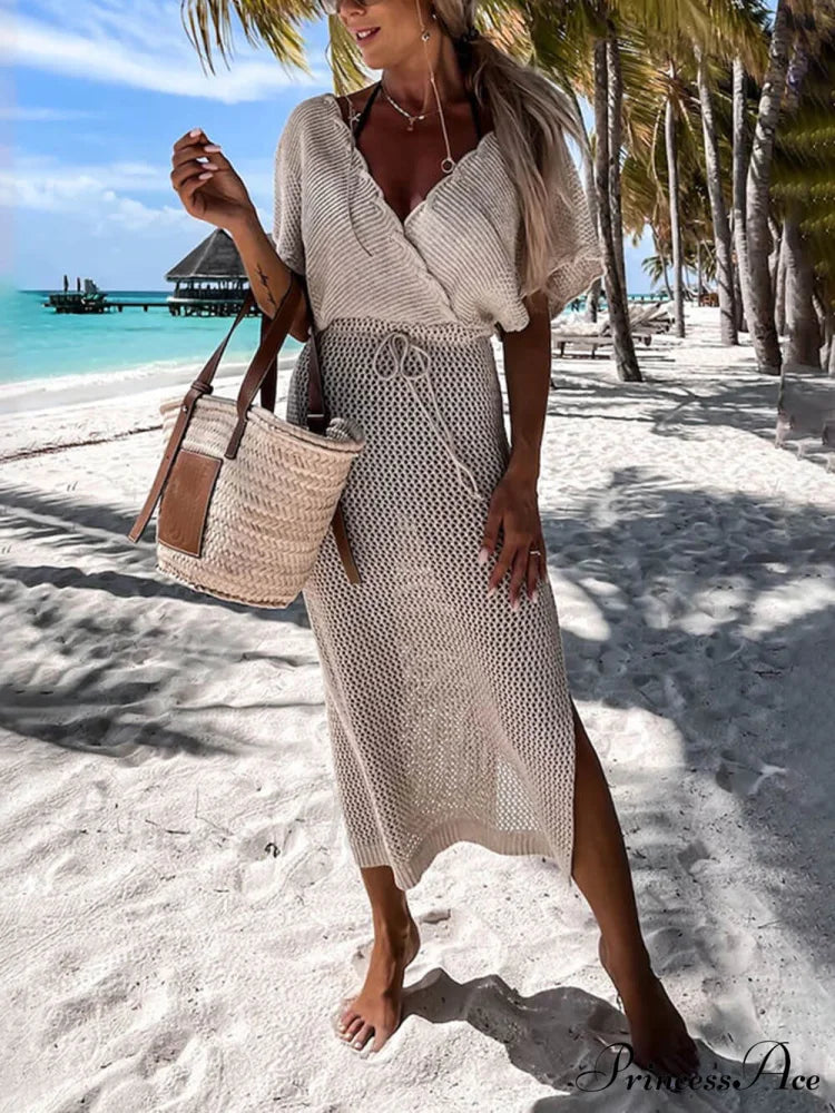 Seaside Resort Knitted Charming Cover Up Dress Khaki / S