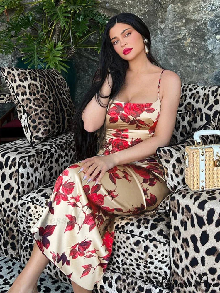 Seductive 2000s Floral Pattern Open-Back Body-Hugging Midi Dress floraldress-250126