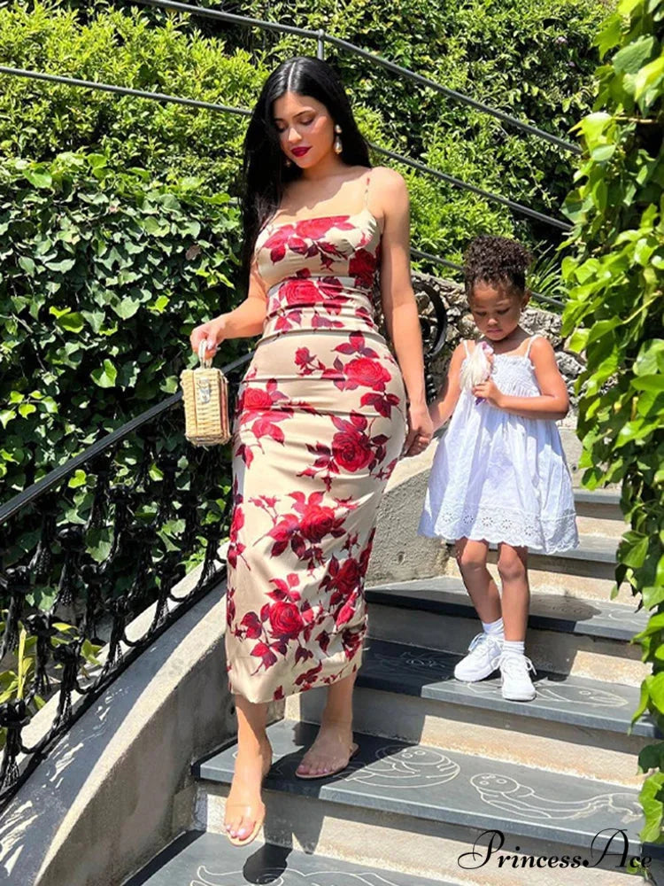 Seductive 2000s Floral Pattern Open-Back Body-Hugging Midi Dress floraldress-250126