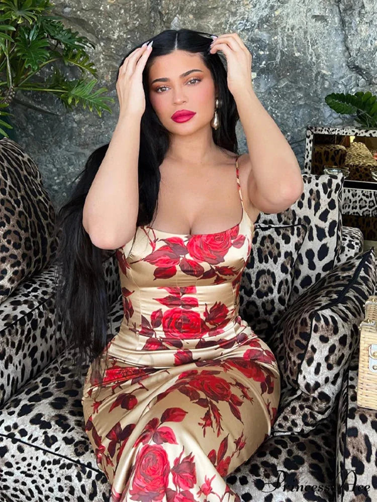 Seductive 2000s Floral Pattern Open-Back Body-Hugging Midi Dress floraldress-250126