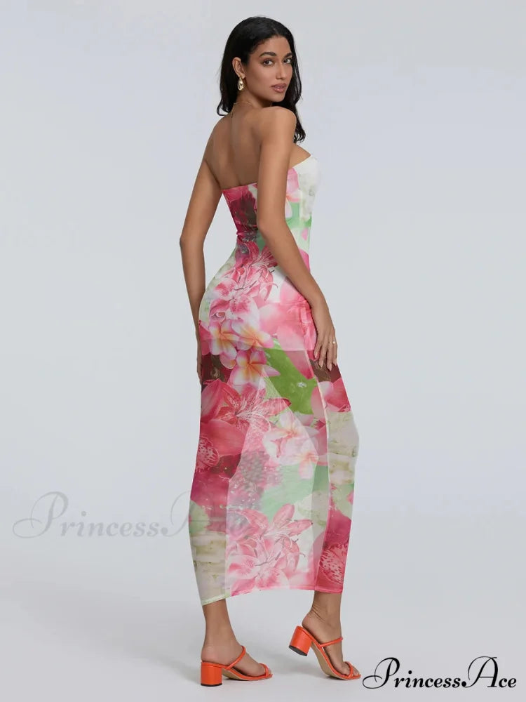 Seductive Bandeau Bodycon Off-The-Shoulder Open-Back Sheath Floral Night Gown floraldress-250126