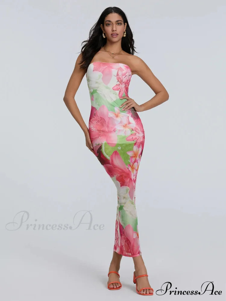 Seductive Bandeau Bodycon Off-The-Shoulder Open-Back Sheath Floral Night Gown floraldress-250126