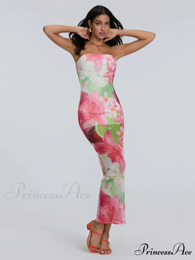 Seductive Bandeau Bodycon Off-The-Shoulder Open-Back Sheath Floral Night Gown floraldress-250126
