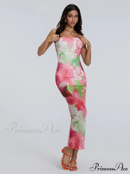 Seductive Bandeau Bodycon Off-The-Shoulder Open-Back Sheath Floral Night Gown MULTI / S floraldress-250126