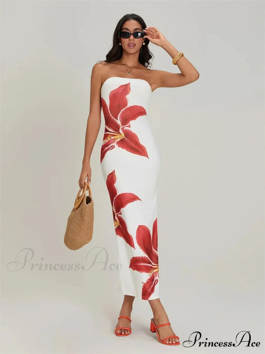 Seductive Bandeau Open-Back Body-Hugging Floral Dress floraldress-250126