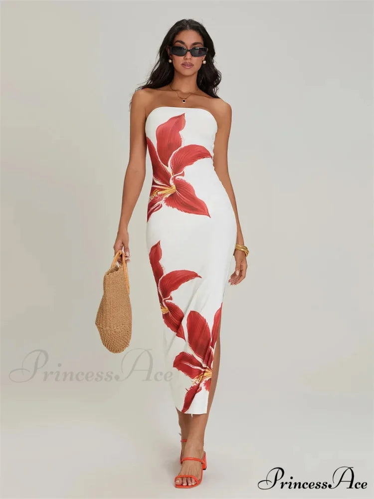 Seductive Bandeau Open-Back Body-Hugging Floral Dress floraldress-250126