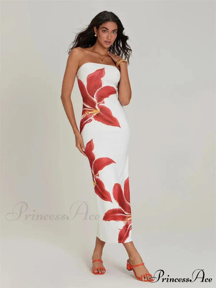 Seductive Bandeau Open-Back Body-Hugging Floral Dress floraldress-250126