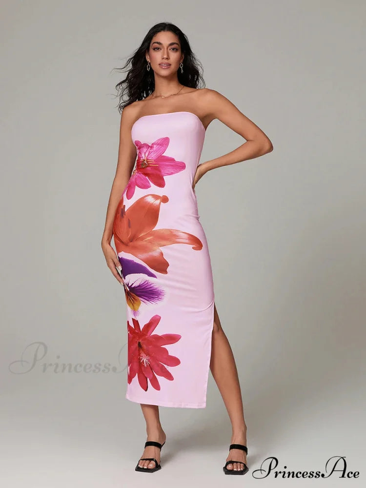 Seductive Bandeau Open-Back Body-Hugging Floral Dress Pink / S floraldress-250126