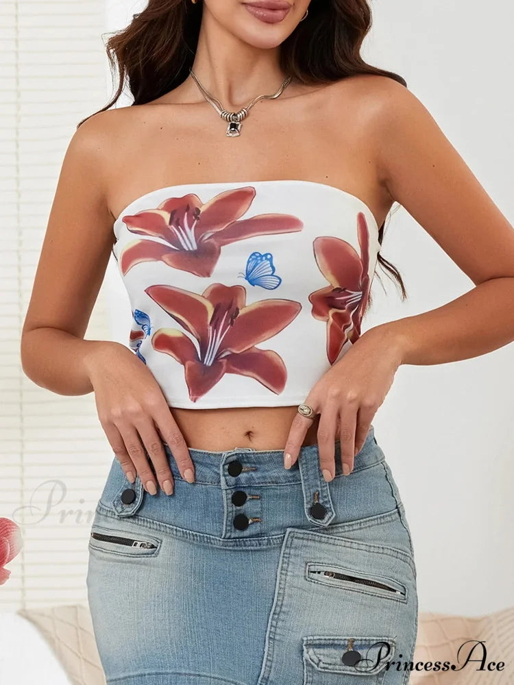 Seductive Blossoming Strapless Open-Back Crop Tank Tube Top WHITE / S croptop-250126