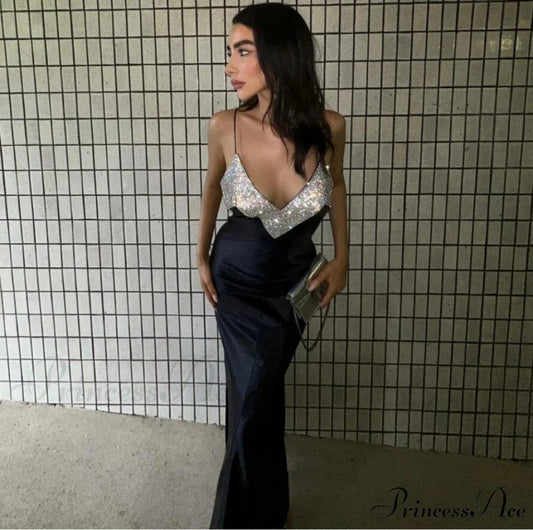 Seductive Deep-Neckline Crystal Bandage Gown Formal Dress promdress-250223