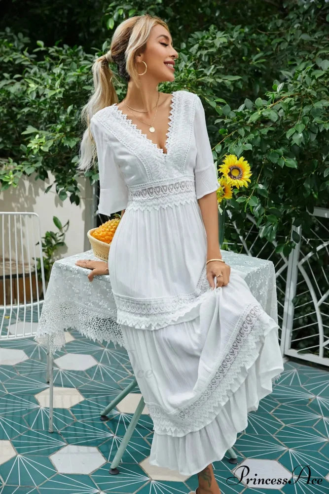 Seductive Deep Plunge Open-back Cotton Lace Dress bohodress-250126