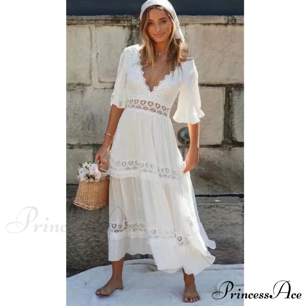 Seductive Deep Plunge Open-back Cotton Lace Dress bohodress-250126