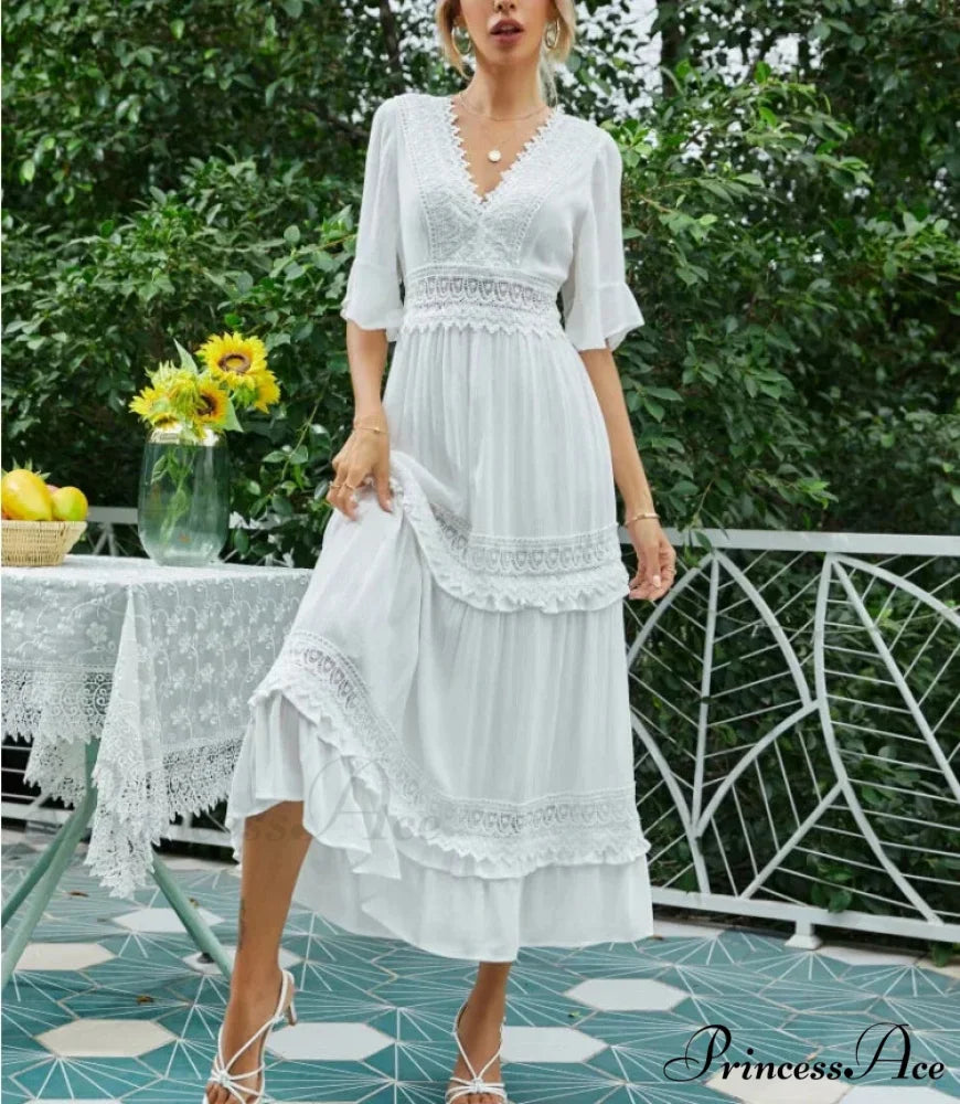 Seductive Deep Plunge Open-back Cotton Lace Dress bohodress-250126