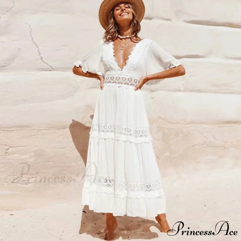 Seductive Deep Plunge Open-back Cotton Lace Dress WHITE / S bohodress-250126