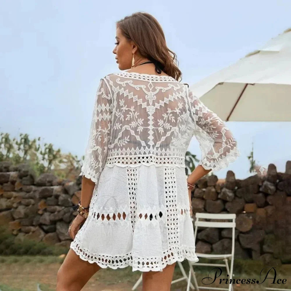 Seductive Deep Plunge White Lace Dress Women Cover-up Kimono Boho Beach Attire White / One Size bohodress-250126