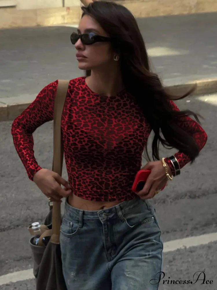 Seductive Extended Sleeve Cheetah Patterned Mesh Body-Hugging Knit Top Red / XS knittop-250126
