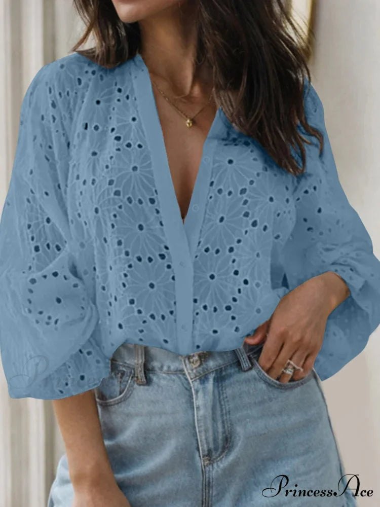 Seductive Flared Extended Sleeve Tunic V-neck Blouse Blue / S blouse-250126