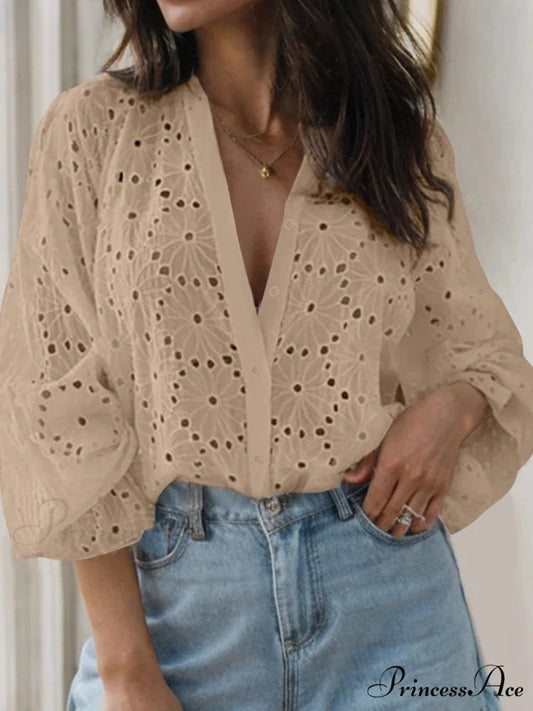 Seductive Flared Extended Sleeve Tunic V-neck Blouse Khaki / S blouse-250126